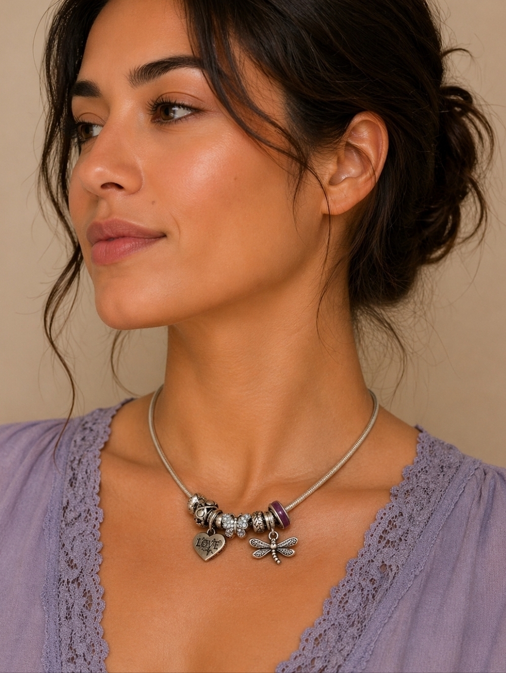 JCM Stainless Steel European Butterfly Dragonfly Heart Charm Necklace